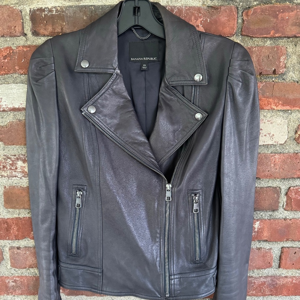 Banana Republic - Women's Puff Sleeve Leather Jacket - Navy - XS - NWOT
